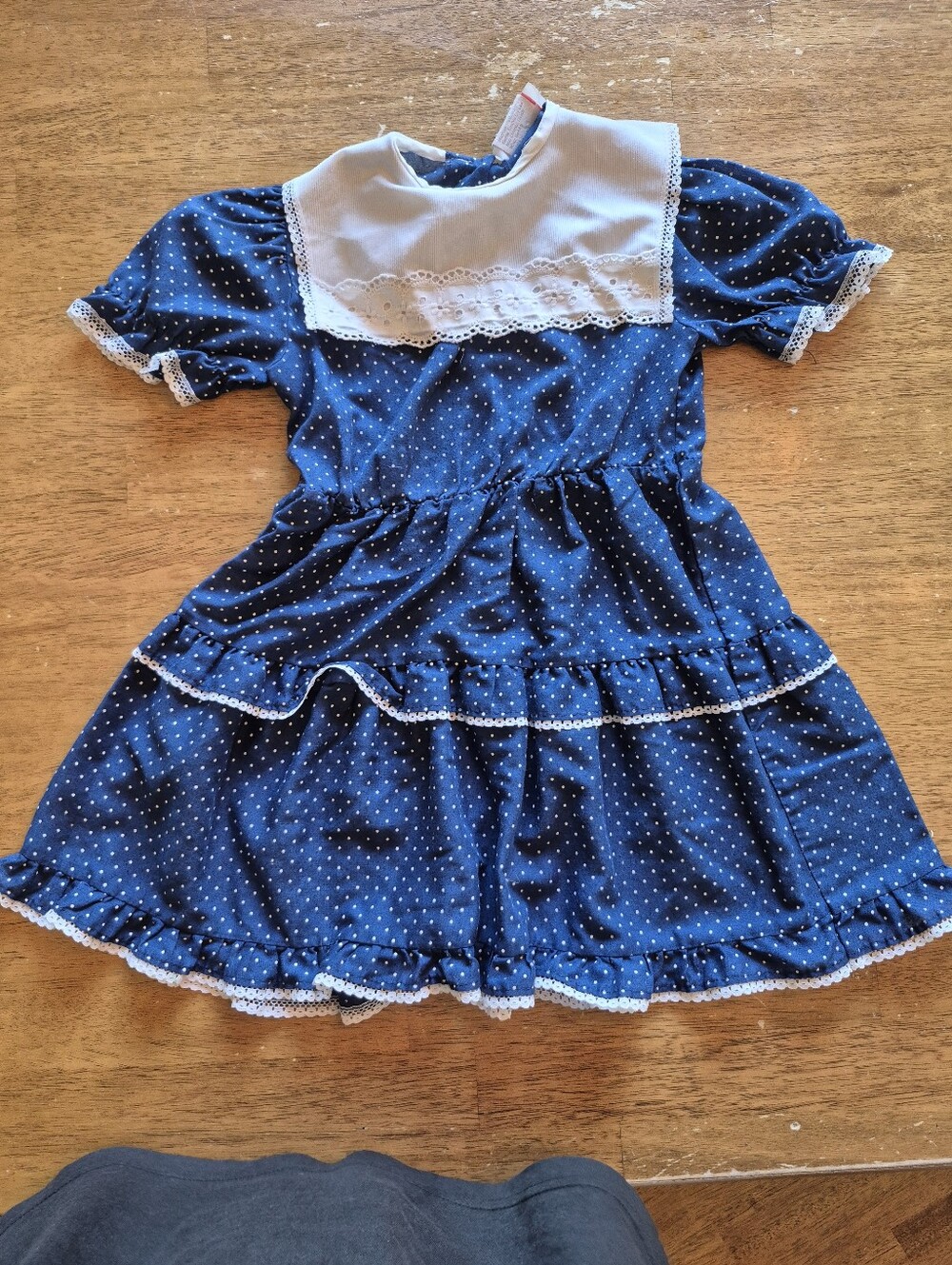 Vintage Girls Navy Polka Dot Dress with White Bib